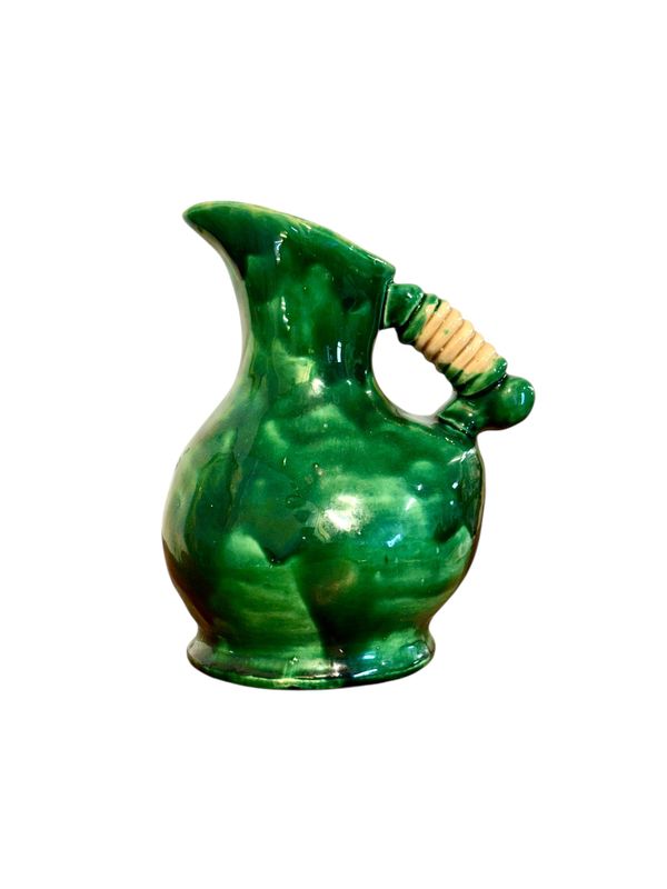 Pichet en céramique émaillée verte, céramique d'art rustique, France vers 1900