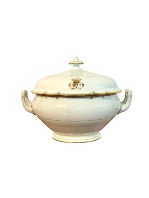 Charles Pillivuyt Limoges Porcelain Soup Tureen with Gilt Monogram