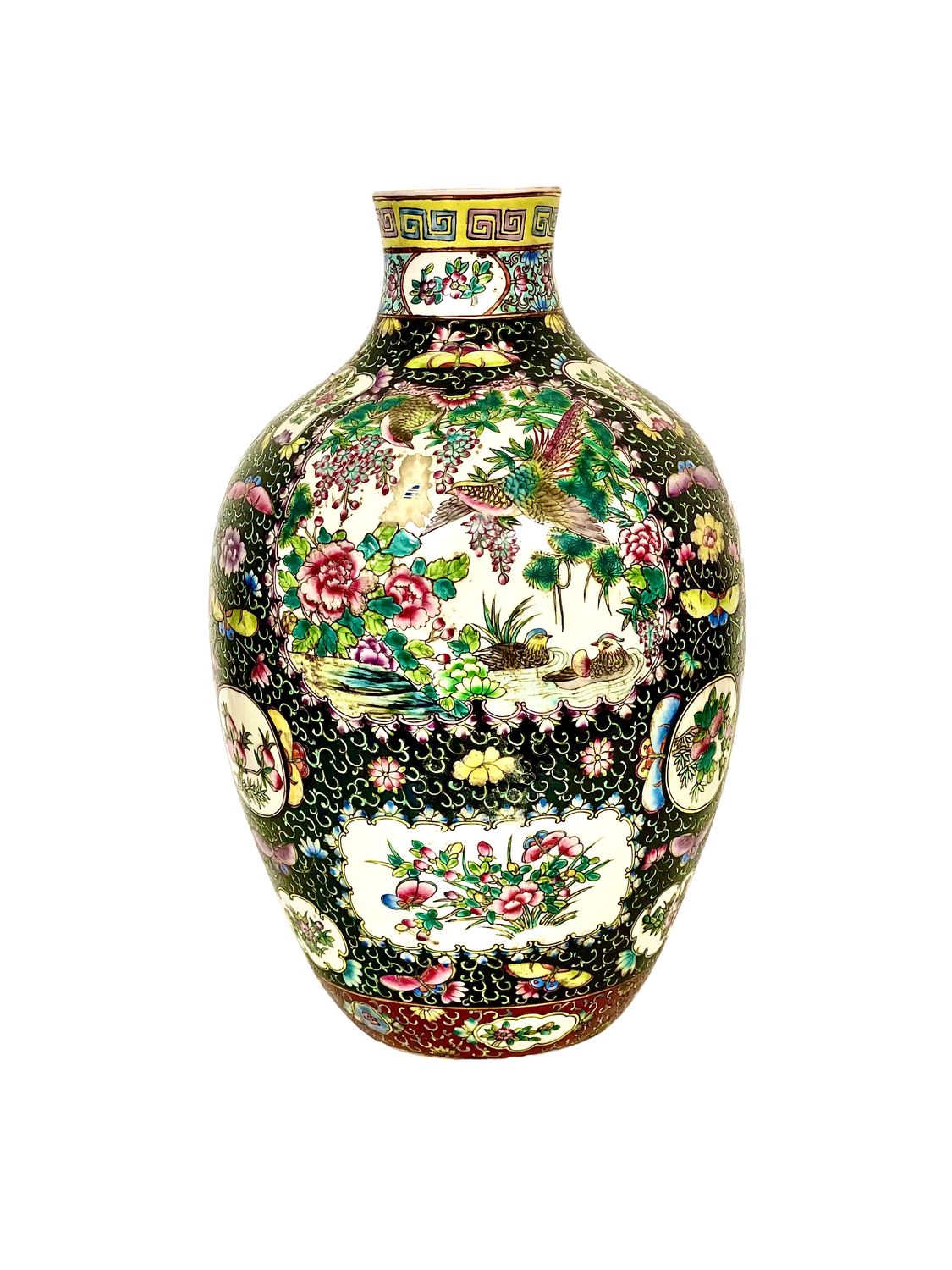 Large Chinese Famille Noire Porcelain Vase with Birds and Floral Panels