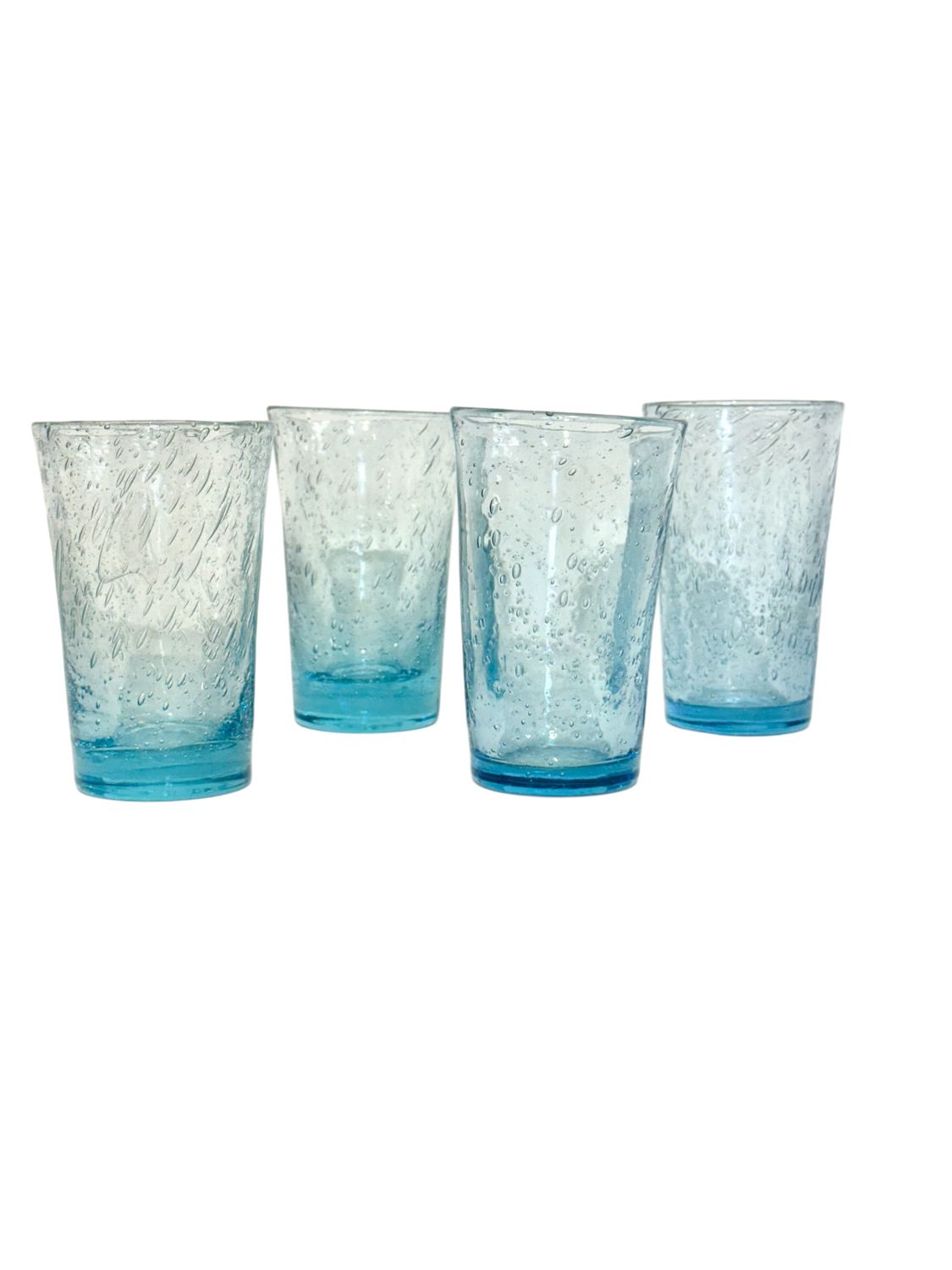 Set of Four Hand-Blown Blue Bubble Glass Tumblers, 20th Century