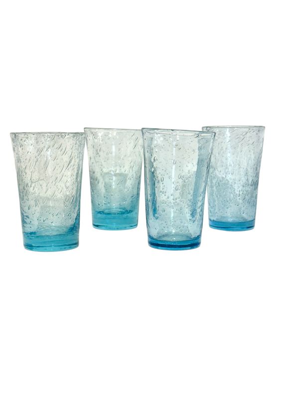 Set of Four Hand-Blown Blue Bubble Glass Tumblers, 20th Century