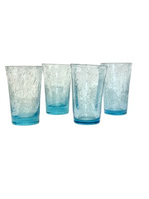 Set of Four Hand-Blown Blue Bubble Glass Tumblers, 20th Century