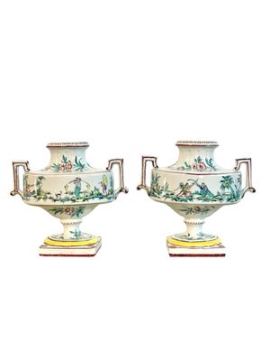Pair of French Faience Hand-Painted Chinoiserie Urns, 19th Century