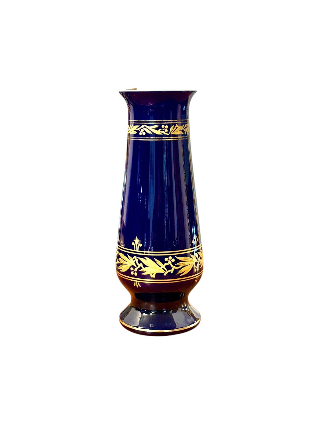 French Cobalt Blue Opaline Glass Vase with Gilt Friezes, Circa 1900