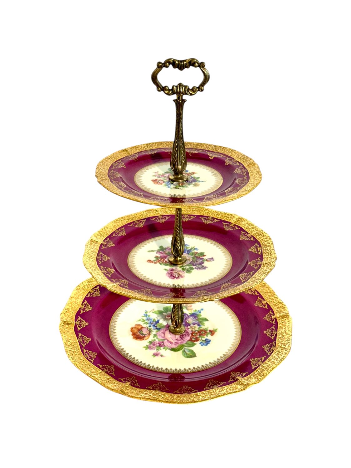 Limoges Ribes Porcelain Three-Tier Centerpiece, Gilt & Flora Decor