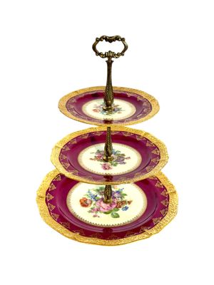 Centre de table à trois étages en porcelaine de Limoges Ribes, décor doré et floral