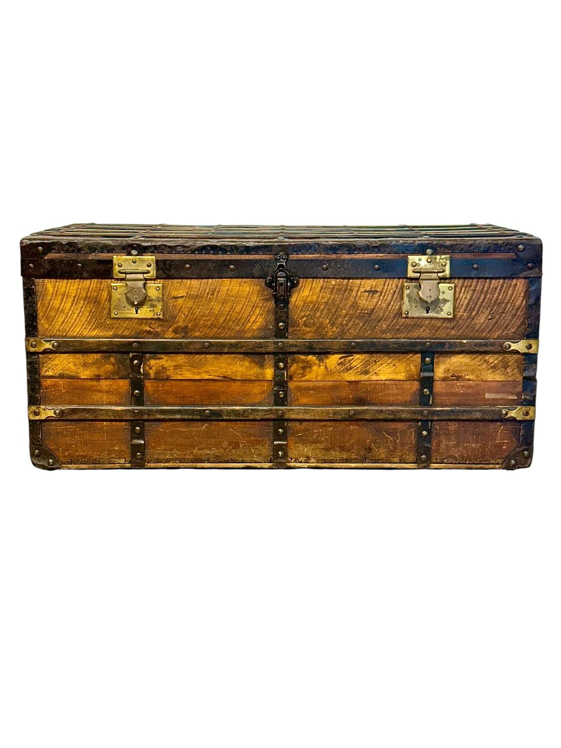 Malle de voyage en bois du XIXe siècle avec sangles en fer