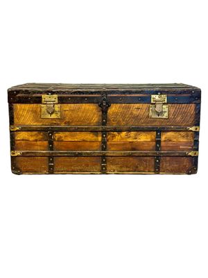 19th Century Wooden Travel Trunk with Iron Straps