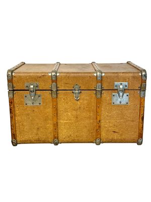19th Century Wood and Leather Travel Trunk with Velvet Interior