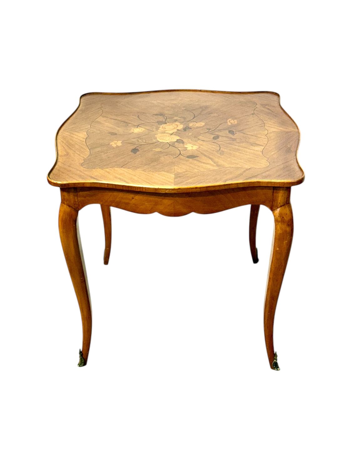 French Walnut Marquetry Coffee Table, Floral Inlay, Mid-20th C.