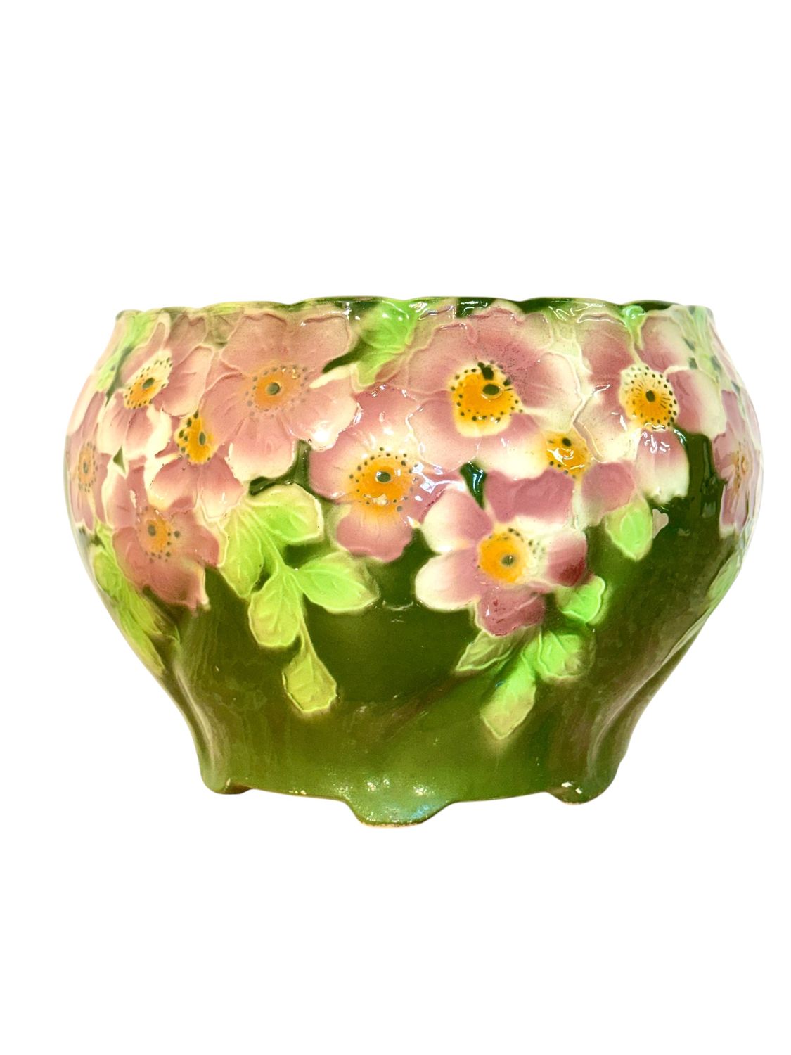 Jardinière Antique en Barbotine de Saint-Clément à Motif Floral Rose et Vert