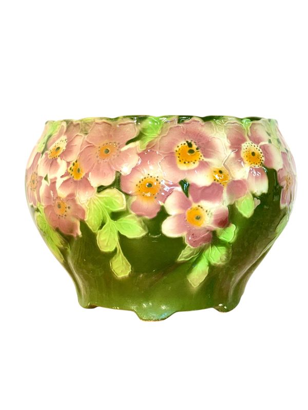 Antique Saint-Clément Majolica Jardinière with Pink and Green Floral Motif