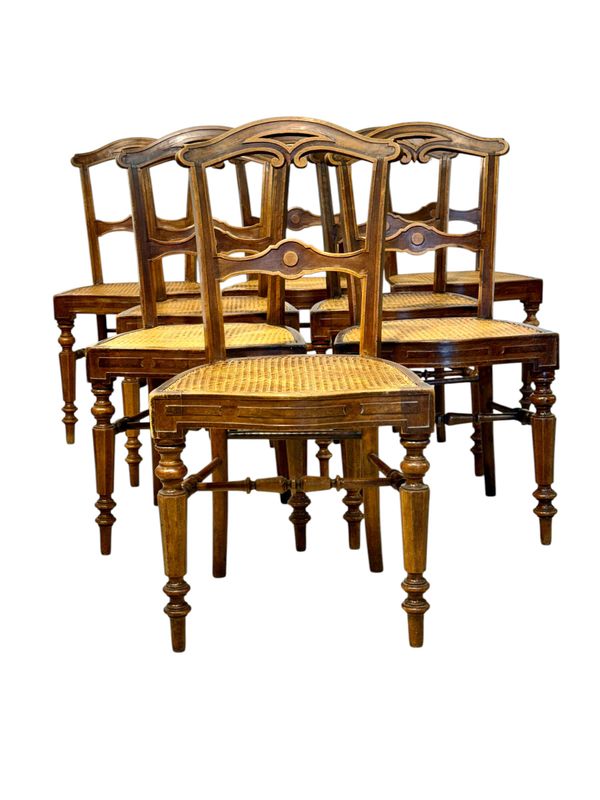 Set of Eight French Walnut Caned Chairs, Late 19th Century
