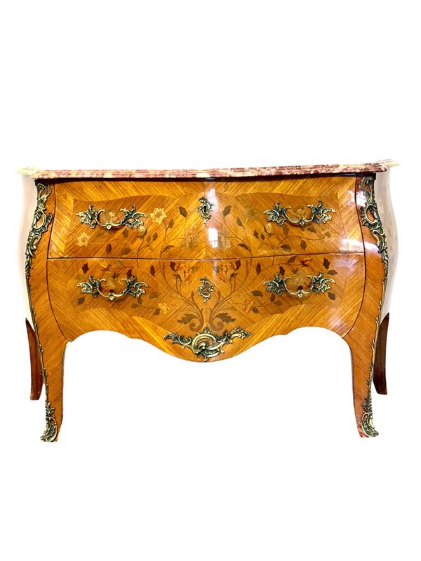 French Louis XV Style Marquetry Commode with Marble Top, Late 19th Century
