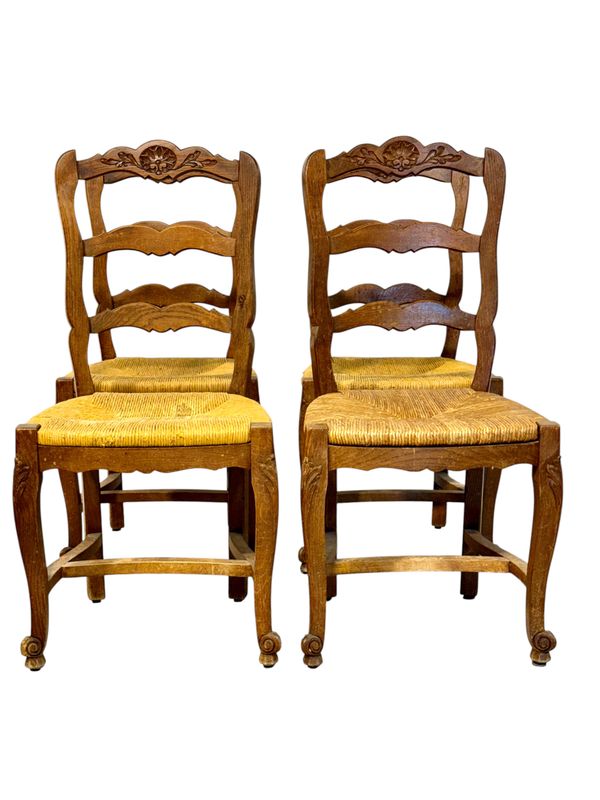 Set of 4 French Provincial Oak Chairs with Rush Seats, Circa 1900