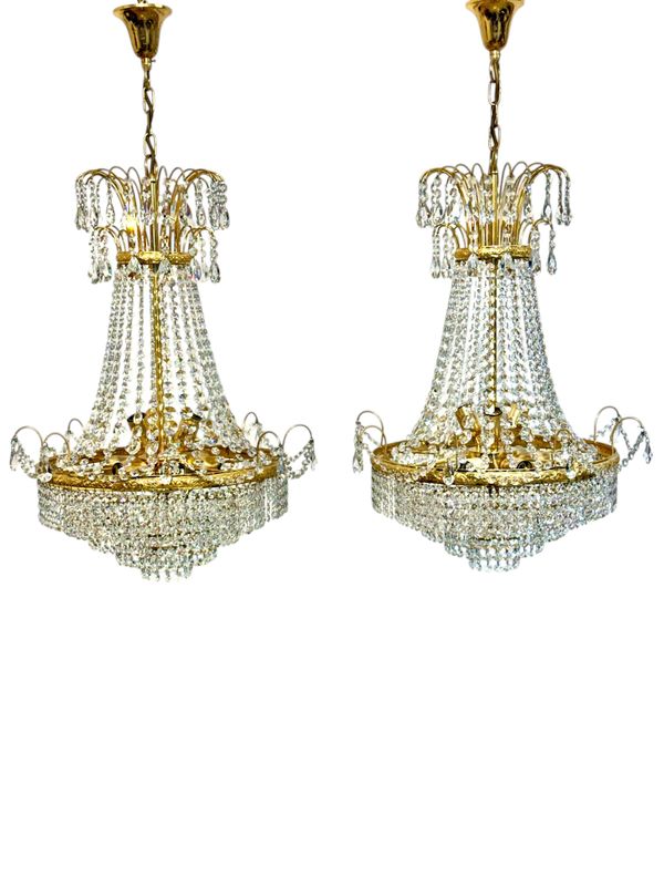 Pair of Gilt Metal Chandeliers with Glass Drops, Mid-20th Century