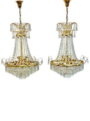 Pair of Gilt Metal Chandeliers with Glass Drops, Mid-20th Century
