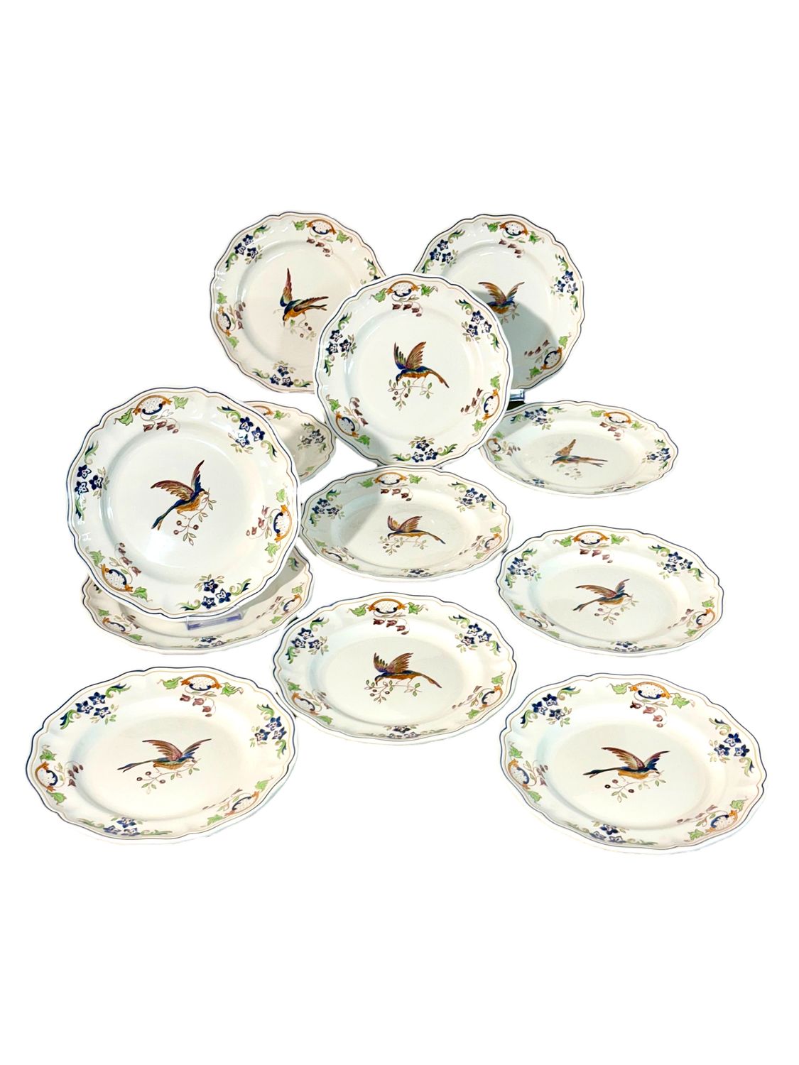 Set of 12 Moustiers "Cléry" Hand-Painted Faience Plates