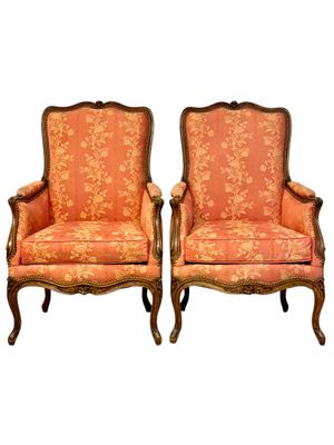 Pair of French Louis XV Style Walnut Bergère Chairs, 19th Century