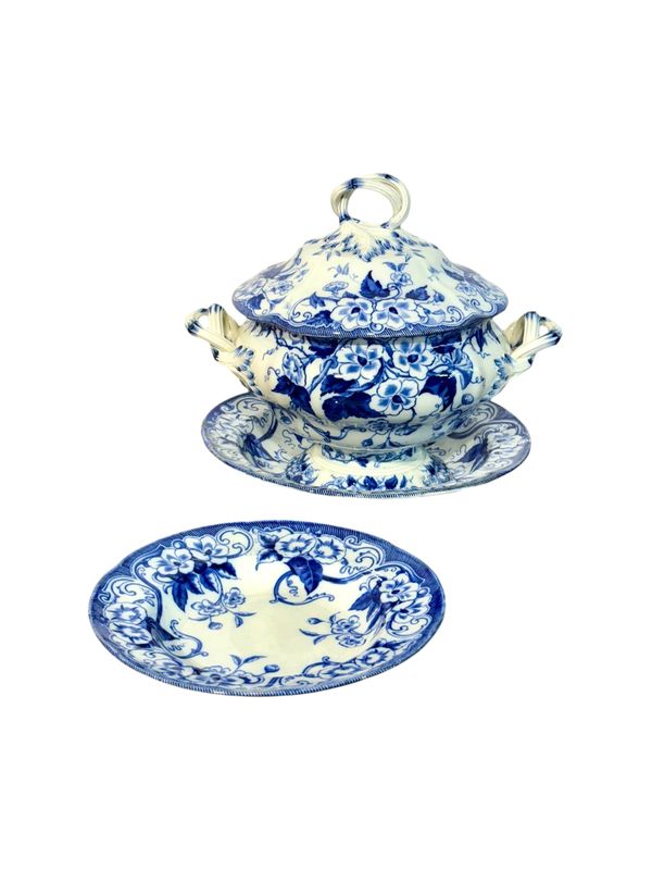 19th Century Creil Montereau Flora White and Blue Faience Tureen and Platters