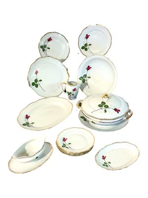 French Porcelain Dinner Service with Rose Motif, 45 Pieces