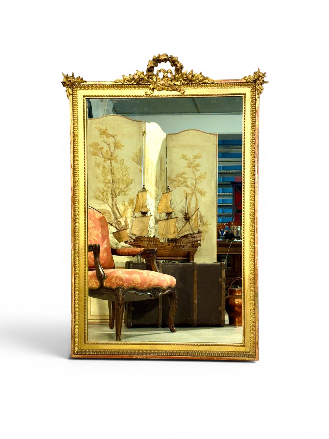 Large French Louis XVI Style Giltwood Trumeau Mirror, Circa 1890