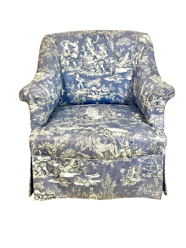 Fauteuil Bergère Napoléon III en Toile de Jouy Bleue, France XIXè siècle