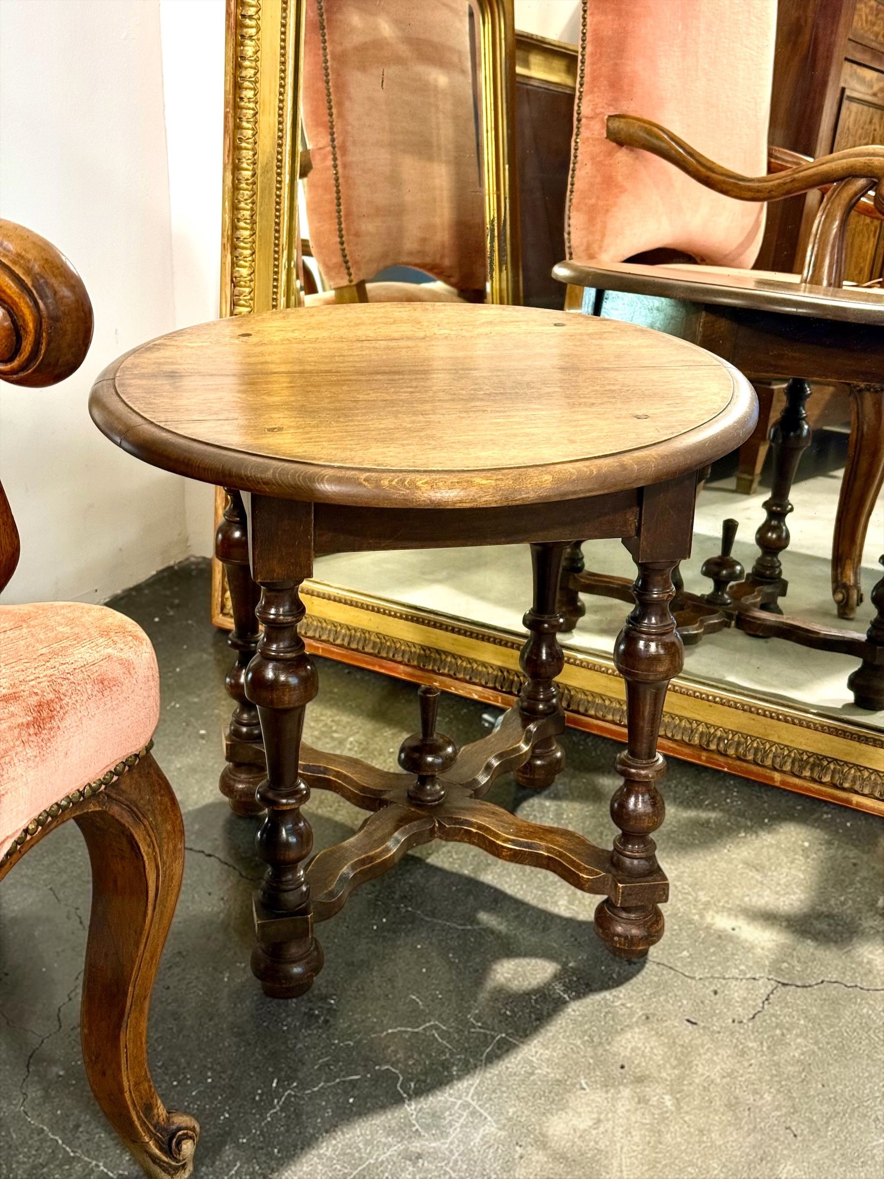 Solid Oak Country Round Gueridon Side Table, France 19th Century
