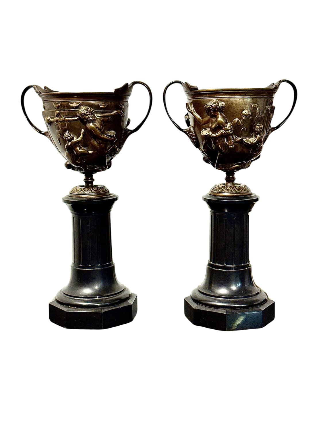 Pair of 19th Century French Bronze Urns on Marble Pedestals