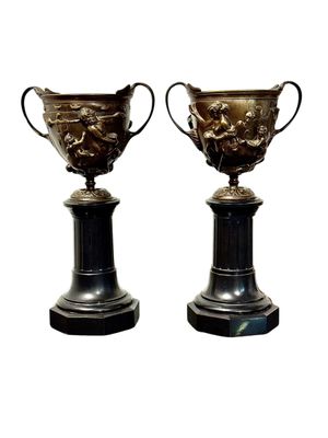 Pair of 19th Century French Bronze Urns on Marble Pedestals