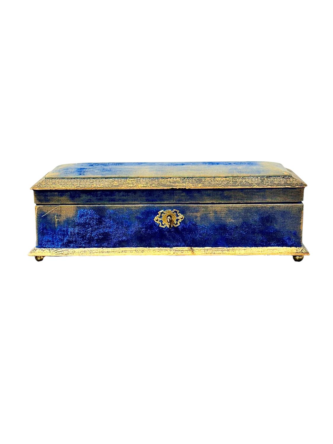 Boîte à bijoux du XIXe siècle en velours bleu avec galon doré, France