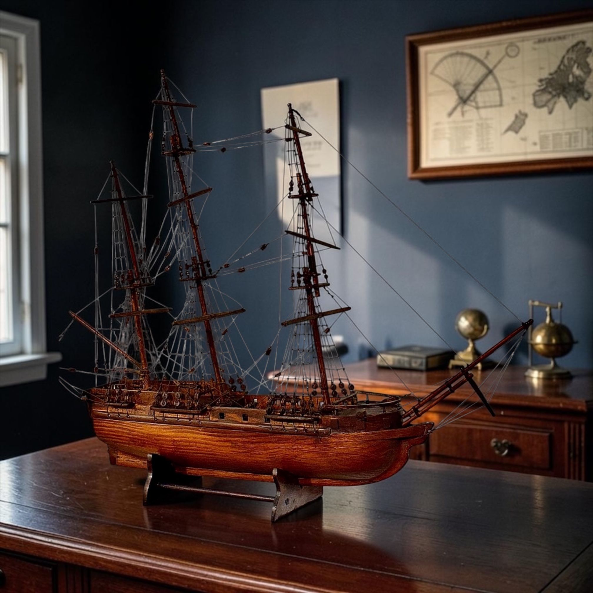 Maquette de voilier, modèle maritime à trois mâts en bois de poirier, vers 1890