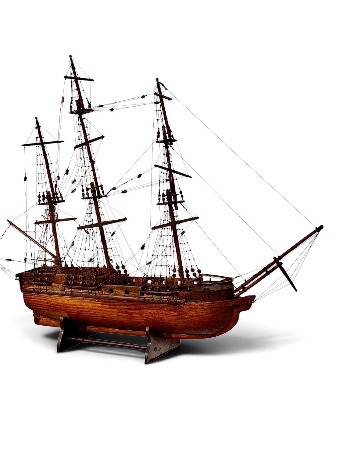 Sailing Ship Model, Three-Masted Pearwood Maritime Model, Circa 1890