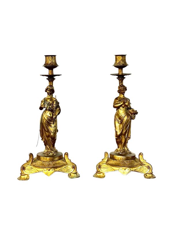 Pair of Gilt Bronze Neoclassical Figural Candlesticks, France 19th Century