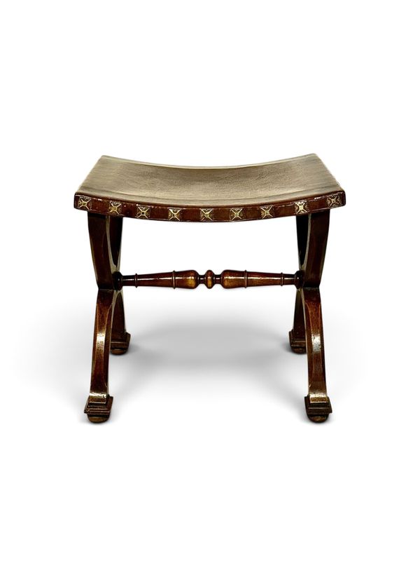 French Renaissance Revival Curule Stool in Beech Wood and Leather, circa 1890