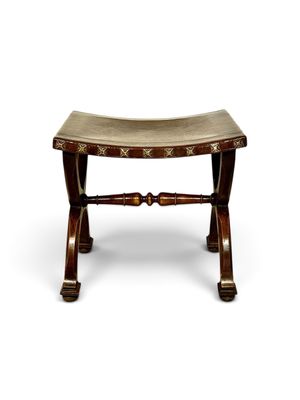 French Renaissance Revival Curule Stool in Beech Wood and Leather, circa 1890