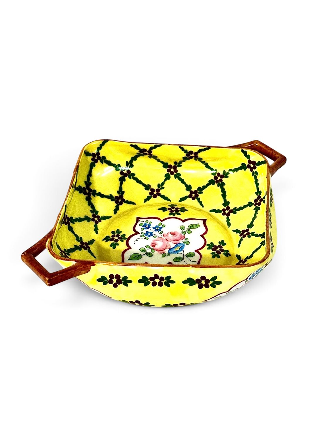 Vide-poches en porcelaine à motifs floraux jaunes et anses, XIXe siècle (vers 1890)
