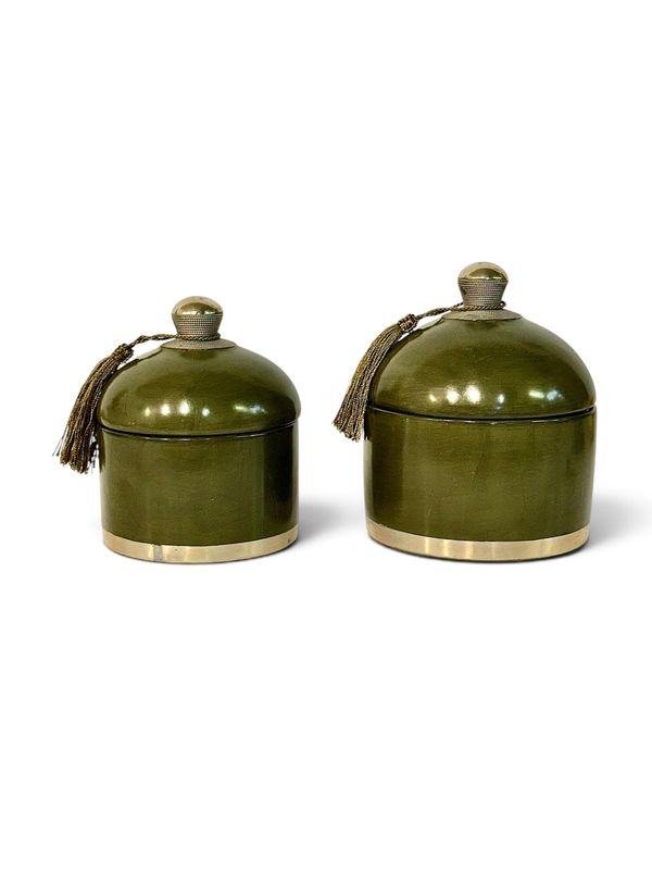Pair of Handcrafted Olive Green Ceramic Lidded Boxes, 20th Century