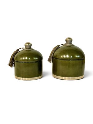 Pair of Handcrafted Olive Green Ceramic Lidded Boxes, 20th Century