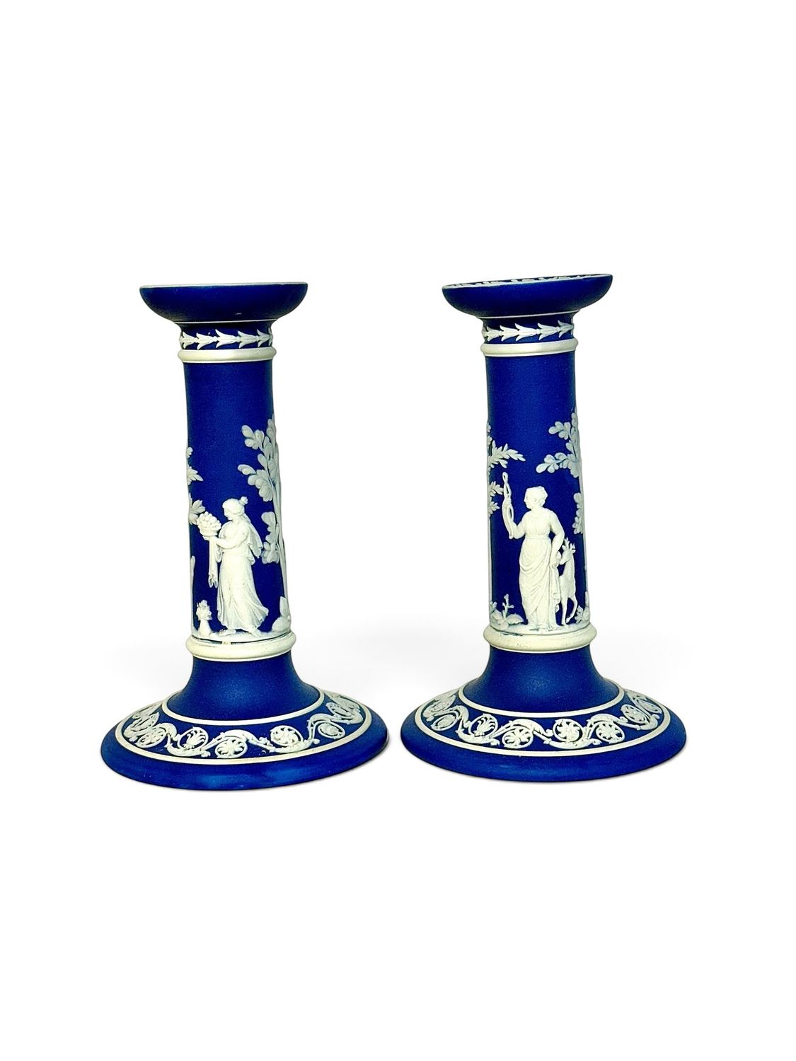 19th Century Pair of Wedgwood Blue Jasperware Candlesticks