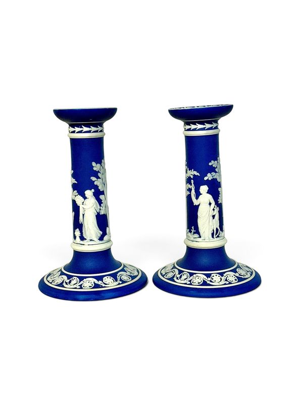 19th Century Pair of Wedgwood Blue Jasperware Candlesticks