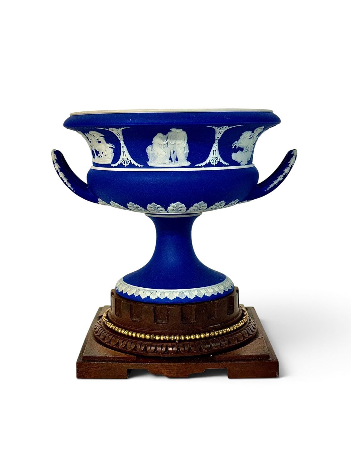19th Century Wedgwood Blue Jasperware Urn on Carved Wood Pedestal