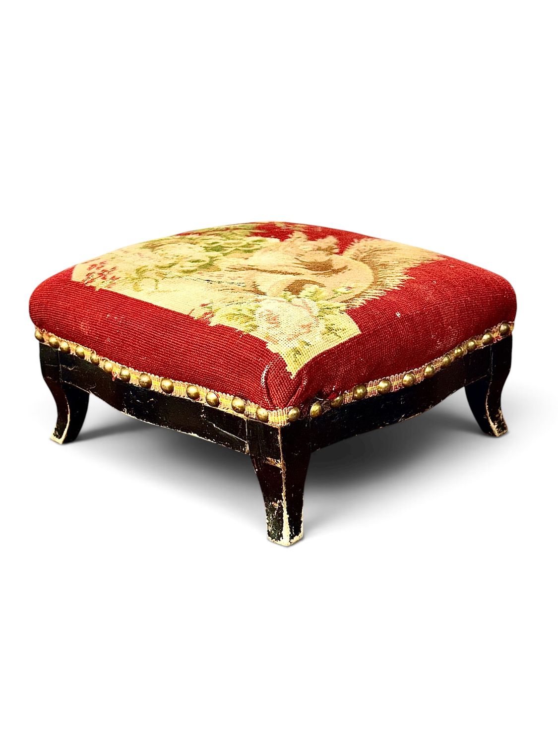 19th Century French Petite Black Painted Footstool with Squirrel Tapestry
