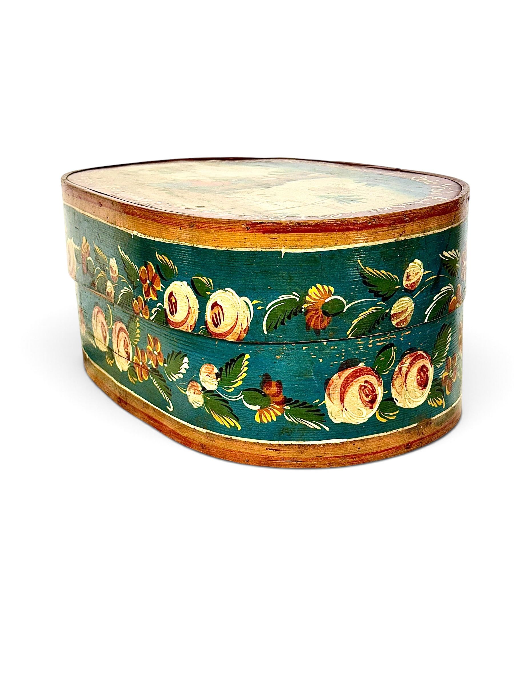 Boîte de mariage autrichienne en bois peint, art populaire, XIXe siècle