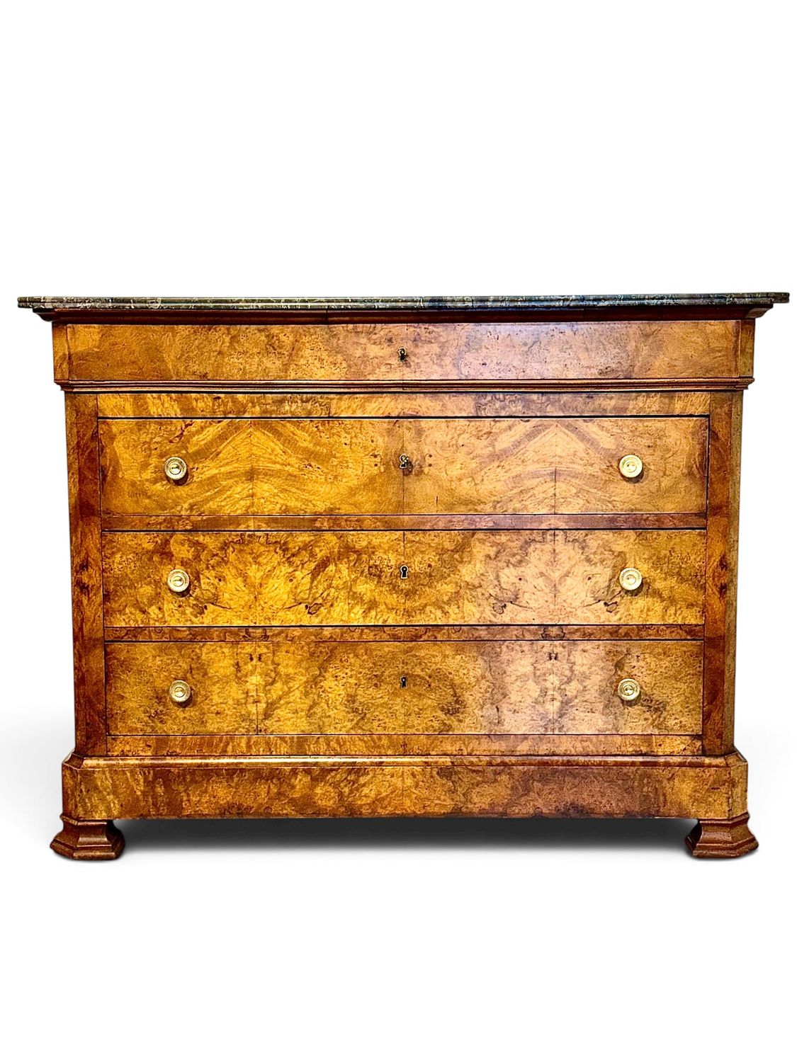 Commode Restauration en loupe de noyer et marbre gris, vers 1830