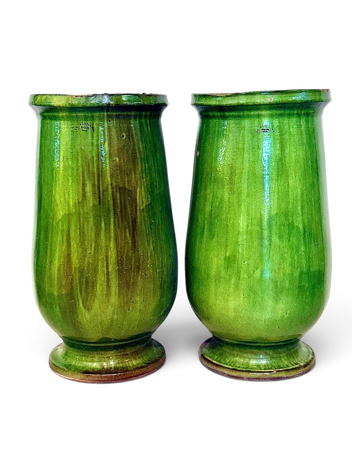 Pair of Tall French Green Glazed Terracotta Planters by La Madeleine, Anduze