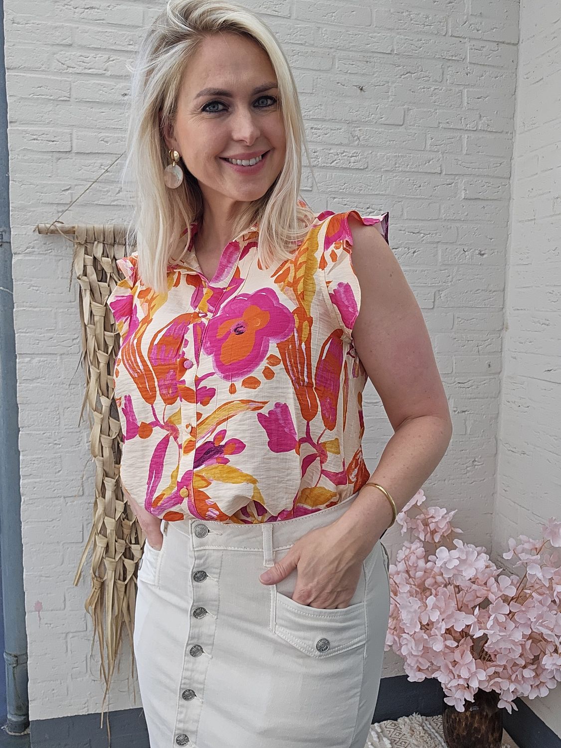 Tropical blousje fuchsia/ oranje