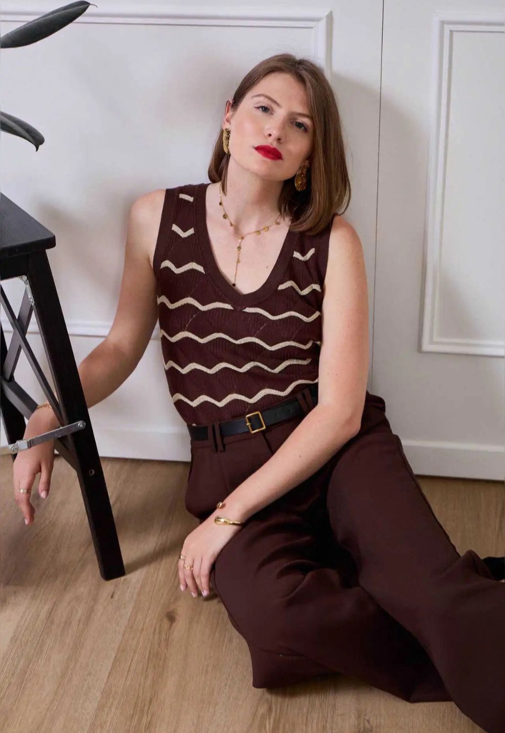 Zigzag lurex top brown/gold
