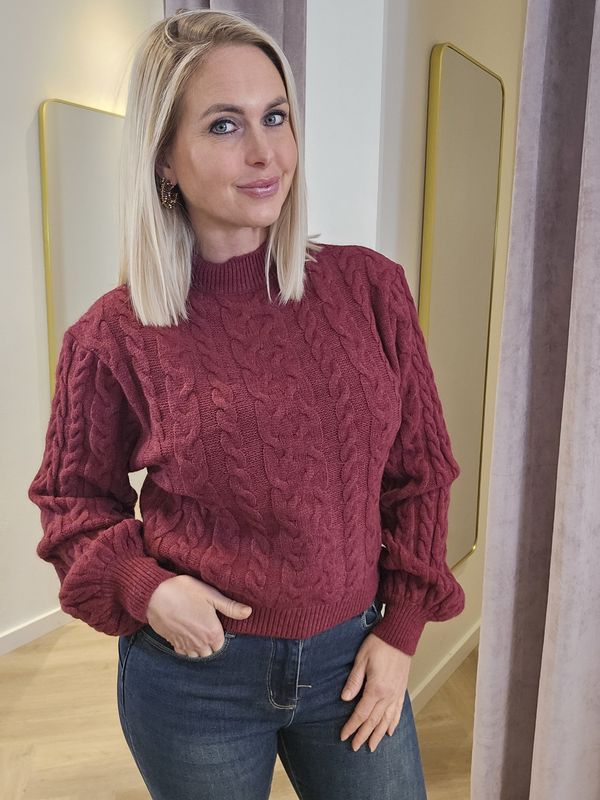 Kabeltrui met ballonmouw bordeaux