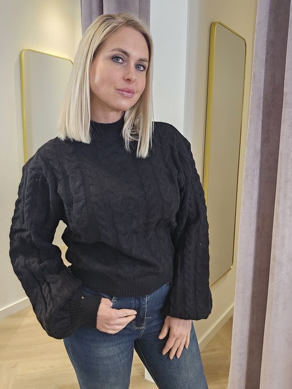 Kabeltrui met ballonmouw zwart